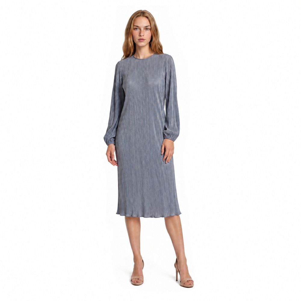 Neiman Marcus Dress Women's Size 12 Dusty Blue Gray Crinkle Long Sleeve Vintage